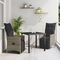vidaXL 3-delars trädgårdsdining-set med kuddar Grå Poly Rattan
