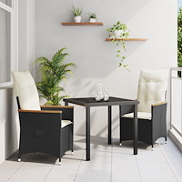 vidaXL 3-delat trädgårdsset med kuddar svart poly-rattan