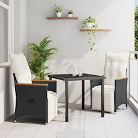 vidaXL 3-delat trädgårdsset med kuddar svart poly-rattan