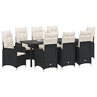 vidaXL 9 Dela Trädgårdsdining Set med Kuddar Svart Poly Rattan