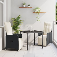 vidaXL 3-delat Trädgårdssets med Kuddar Svart Poly Rattan