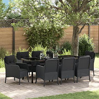 vidaXL Trädgårdsmöbelset med kudde 9 pcs Svart konstrotting