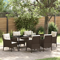 vidaXL 7-delat Trädgårdsdining-set med kuddar Brun Poly Rattan