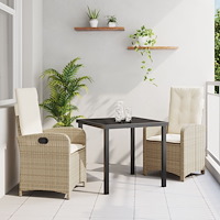 vidaXL 3-delat trädgårdsdining set med kuddar beige poly rattan