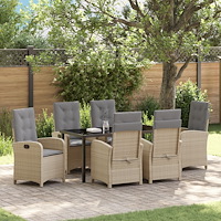 vidaXL 7-delad Trädgårdsmatbord med Kuddar Beige Poly Rattan