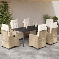 vidaXL Matgrupp för trädgården med dynor 7 delar beige konstrotting