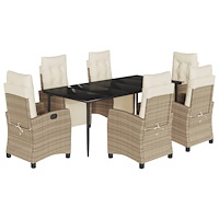 vidaXL Matgrupp för trädgården med dynor 7 delar beige konstrotting