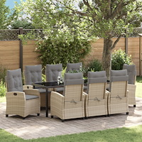 vidaXL 9-delars Trädgårdsmatsals set med kuddar Beige Poly Rattan