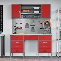 vidaXL 7-delars Arbetskabinet och Pegboard Set i Röd MDF och Metall