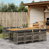 vidaXL Matgrupp för trädgården med dynor 9 delar grå konstrotting