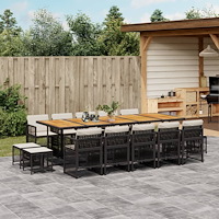 vidaXL Matgrupp för trädgården med dynor 15 delar svart konstrotting