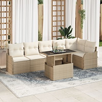 vidaXL 7 Delar Trädgårdsmöbelset med kuddar Beige Poly Rattan, vidaXL 2-sits trädgårdsoffa med kuddar Beige Poly Rattan