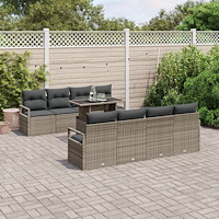 vidaXL 9 Delar Trädgårdsoff Set med Kuddar Grå Poly Rattan, vidaXL 2-sits Trädgårdsoffa med Kuddar Grå Poly Rattan