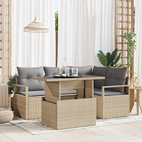 vidaXL 5-delars trädgårdssoffaset med kuddar i beige poly rattan, vidaXL 2-sits trädgårdssoffa med kuddar i beige poly rattan