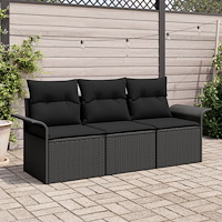 vidaXL Trädgårdsoffset med kudde med lagring 3 pcs Svart Poly rattan