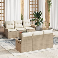vidaXL 7-delars trädgårdsoffset med kuddar beige poly rattan akacia