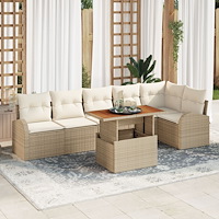vidaXL 7 Delars Trädgårdsoffas Set med Kuddar Beige Poly Rattan