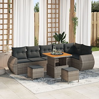 vidaXL 9-delat Trädgårdsoffaset med Kuddar Grå Poly Rattan Akacia, vidaXL 3-delat Trädgårdsmatsats med Kuddar Grå Poly Rattan A...
