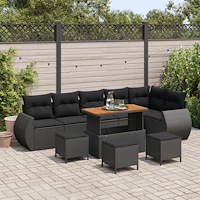 vidaXL 10-delars trädgårdssoffset med kuddar Svart Poly Rattan Akacia, vidaXL 4-delars trädgårdsdining set med kuddar Svart Pol...