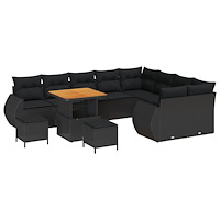 vidaXL 12-delad trädgårdsoffaset med kuddar svart poly rattan akacia