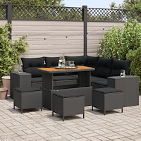 vidaXL Trädgårdsoffset med kudde 9 pcs Svart konstrotting