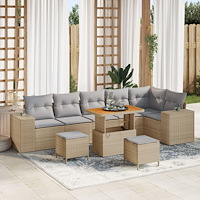 vidaXL 9-delad Trädgårdsoffagrupp med Kuddar Beige Poly Rattan Akacia, vidaXL 3-delad Trädgårdsserveringsset med Kuddar Beige P...