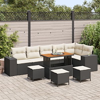 vidaXL 10-delad trädgårdsoffaset med kuddar svart poly rattan akaciaträ, vidaXL 4-delad trädgårds matsalsset med kuddar svart p...