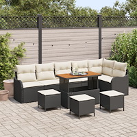 vidaXL 10 Delars Trädgårdsoff-set med Kuddar Svart Poly Rattan Akacia, vidaXL 2-sits Trädgårdsoffa med Kuddar Svart Poly Rattan...