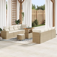 vidaXL 11-delad trädgårdsoffaset med kuddar beige poly rotting akacia, vidaXL 3-delad trädgårds matbord och stolar med kuddar b...