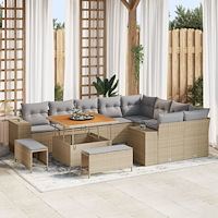 vidaXL 12-delars trädgårdsoffagrupp med kuddar Beige Poly Rattan Akacia, vidaXL 3-delars trädgårdsmatsats med kuddar Beige Poly...