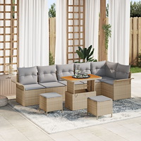 vidaXL 9-delad trädgårdsoffagrupp med kuddar i beige polyrottning, vidaXL 2-sits trädgårdsoffa med förvaring & kuddar i beige p...