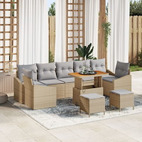 vidaXL 10-delars trädgårdsoffaset med kuddar beige poly rattan akacia