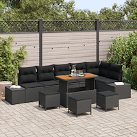 vidaXL Trädgårdsoffset med kudde med lagring 10 pcs Svart Poly rattan