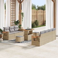 vidaXL 10-delars trädgårdsoffa-set med kuddar beige poly rattan akacia, vidaXL 3-delars trädgårdsservis med kuddar beige poly r...