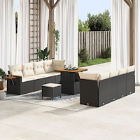 vidaXL 11 Delars Trädgårdsoffaset med Kuddar Svart Poly Rattan Akacia, vidaXL 3 Delars Trädgårdsmatsats med Kuddar Svart Poly R...