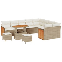 vidaXL 12-delars trädgårdsofa set med kuddar Beige Poly Rattan Akacia