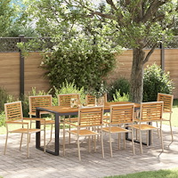 vidaXL 9 Delars Trädgårdsmöbelset Beige Poly Rattan Akacia, vidaXL Stapelbara Trädgårdstolar med Kuddar - Set om 2 i Beige Poly...