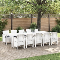 vidaXL 11-delars trädgårdsmatgrupp med kuddar Vit Poly Rattan, vidaXL Trädgårdsbord Vit 150x100x73 cm Poly Rattan, vidaXL Trädg...