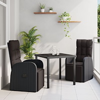 vidaXL 3-delat Trädgårds Matsalsset med Kuddar Svart Poly Rattan