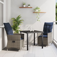 vidaXL 3-delat trädgårdsset med kuddar grå poly rattan, vidaXL Trädgårdsbord svart 80x80x73 cm härdat glas