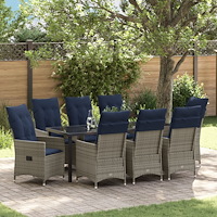 vidaXL Bord- och stolset med kudde 9 pcs Grå PE Rattan