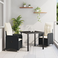 vidaXL Trädgårdsmöbelset med kudde 3 pcs Svart Poly rattan