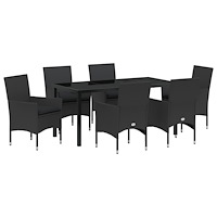 vidaXL 7-delat Trädgårdsmatsalsset med kuddar Svart Poly Rattan, vidaXL Trädgårdsbord Svart 160x80x73 cm Härdat glas