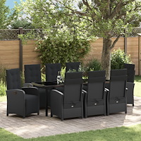 vidaXL 9-delars trädgårdsmatgrupp med kuddar svart poly rattan, vidaXL Trädgårdsbord svart 200x80x73 cm härdat glas