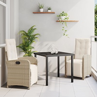 vidaXL 3-delat trädgårdsmöbelset med kuddar beige poly rattan, vidaXL trädgårdsbord svart 80x80x73 cm tempererat glas