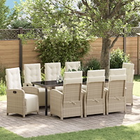 vidaXL 9-delat trädgårdsmöbelset med kuddar beige poly rattan, vidaXL trädgårdsbord svart 200x80x73 cm härdat glas