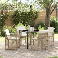 vidaXL 5-delat trädgårdsmatplats med kuddar beige poly-rattan, vidaXL matbord svart 80x80x73 cm härdat glas