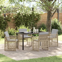 vidaXL 5-delat Trädgårdsdining-set med kuddar Beige Poly Rattan, vidaXL Trädgårdsbord Svart 140x80x73 cm Härdat glas