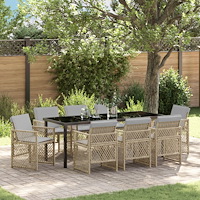 vidaXL 9-delad Trädgårdsmatgrupp med Kuddar Beige Poly Rattan, vidaXL Trädgårdsbord Svart 200x80x73 cm Härdat Glas