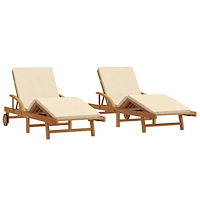 vidaXL Solstolar 2 st med Kuddar och Hjul, Beige, Massivt trä Akacia, vidaXL Hopfällbar Solstol med Hjul & Kudde, Beige, Massiv...